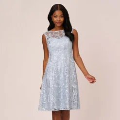Adrianna Papell Embroidered Sleeveless Midi Cocktail Dress In Skyway