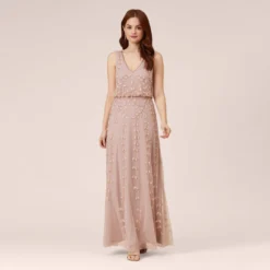 Adrianna Papell Hand Beaded Long Blouson Mermaid Gown In Steel Rose