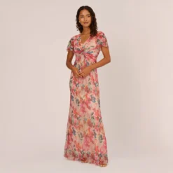 Adrianna Papell Floral-Print Metallic Twist Front Long Gown With Flutter Sleeves In Alabaster Multi
