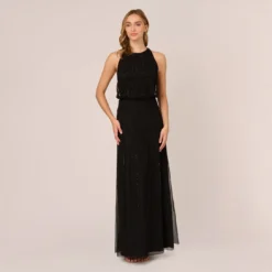 Adrianna Papell Halter Hand-Beaded Blouson Gown With Keyhole Back In Black