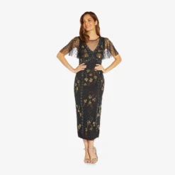 Adrianna Papell Flutter Sleeve Ankle-Length Column Gown In Black Gold -Cheap Vesta Gleam Store AP1E209160 AB788 Regular Alternate