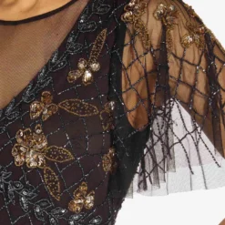 Adrianna Papell Flutter Sleeve Ankle-Length Column Gown In Black Gold -Cheap Vesta Gleam Store AP1E209160 AB788 Regular Detail