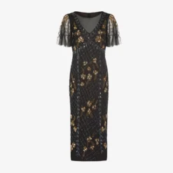 Adrianna Papell Flutter Sleeve Ankle-Length Column Gown In Black Gold -Cheap Vesta Gleam Store AP1E209160 AB788 Regular Flat