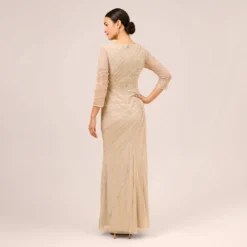 Adrianna Papell Hand-Beaded Three-Quarter Sleeve Long Gown In Biscotti -Cheap Vesta Gleam Store AP1E209180 AG273 Regular Back
