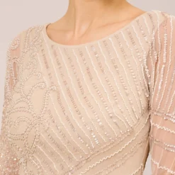 Adrianna Papell Hand-Beaded Three-Quarter Sleeve Long Gown In Biscotti -Cheap Vesta Gleam Store AP1E209180 AG273 Regular Detail