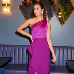 Adrianna Papell One-Shoulder Long Satin Crepe Mermaid Gown In Wild Orchid