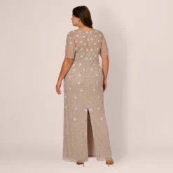 Adrianna Papell Plus Size Long Hand Beaded 3D Floral Dress With Elbow Sleeves In Marble -Cheap Vesta Gleam Store AP1E209314 AE064 Plus Back