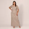 Adrianna Papell Plus Size Long Hand Beaded 3D Floral Dress With Elbow Sleeves In Marble