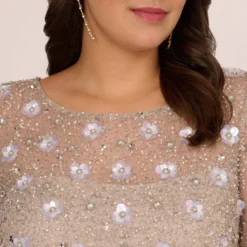 Adrianna Papell Plus Size Long Hand Beaded 3D Floral Dress With Elbow Sleeves In Marble -Cheap Vesta Gleam Store AP1E209314 AE064 Plus Detail