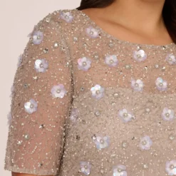 Adrianna Papell Plus Size Long Hand Beaded 3D Floral Dress With Elbow Sleeves In Marble -Cheap Vesta Gleam Store AP1E209314 AE064 Plus Lifestyle