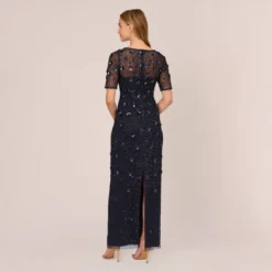 Adrianna Papell Long Hand Beaded 3D Floral Dress With Elbow Sleeves In Dusty Navy -Cheap Vesta Gleam Store AP1E209314 AK469 Regular Back