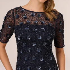 Adrianna Papell Long Hand Beaded 3D Floral Dress With Elbow Sleeves In Dusty Navy -Cheap Vesta Gleam Store AP1E209314 AK469 Regular Detail