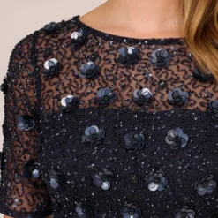 Adrianna Papell Long Hand Beaded 3D Floral Dress With Elbow Sleeves In Dusty Navy -Cheap Vesta Gleam Store AP1E209314 AK469 Regular Lifestyle