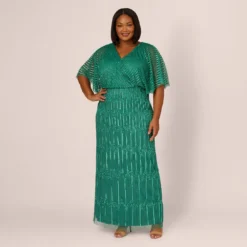 Adrianna Papell Plus Size Hand-Beaded Illusion Long Column Blouson Gown In Jungle Green