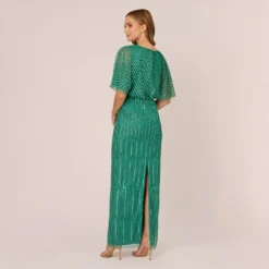 Adrianna Papell Hand-Beaded Illusion Long Column Blouson Gown In Jungle Green -Cheap Vesta Gleam Store AP1E209335 AH314 Regular Back