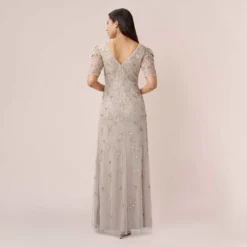 Adrianna Papell Hand-Beaded Long Gown With Elbow Sleeves In Marble -Cheap Vesta Gleam Store AP1E209347 AE064 Regular Back