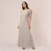 Adrianna Papell Hand-Beaded Long Gown With Elbow Sleeves In Marble
