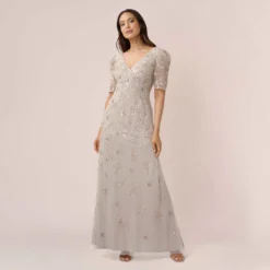 Adrianna Papell Hand-Beaded Long Gown With Elbow Sleeves In Marble
