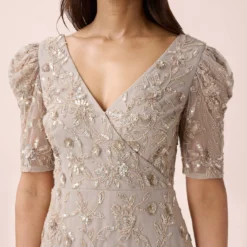 Adrianna Papell Hand-Beaded Long Gown With Elbow Sleeves In Marble -Cheap Vesta Gleam Store AP1E209347 AE064 Regular Detail