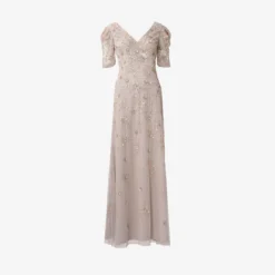 Adrianna Papell Hand-Beaded Long Gown With Elbow Sleeves In Marble -Cheap Vesta Gleam Store AP1E209347 AE064 Regular Flat