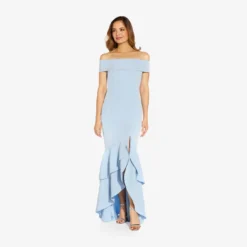 Adrianna Papell Off-The-Shoulder Crepe High-Low Gown With Ruffle In Elegant Sky -Cheap Vesta Gleam Store AP1E209457 AC497 Regular Alternate