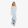 Adrianna Papell Off-The-Shoulder Crepe High-Low Gown With Ruffle In Elegant Sky