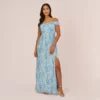 Adrianna Papell Floral-Print Off-The-Shoulder Chiffon Long Gown In Blue Multi