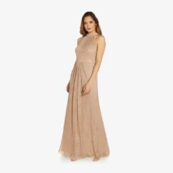 Adrianna Papell Metallic Knit Halter Long Gown In Champagne Gold