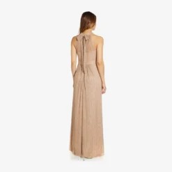 Adrianna Papell Metallic Knit Halter Long Gown In Champagne Gold -Cheap Vesta Gleam Store AP1E209488 AQ298 Regular Back
