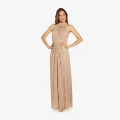 Adrianna Papell Metallic Knit Halter Long Gown In Champagne Gold -Cheap Vesta Gleam Store AP1E209488 AQ298 Regular Default