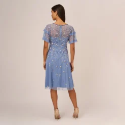 Adrianna Papell Beaded Midi Dress With Sheer Ruffled Sleeves In French Blue -Cheap Vesta Gleam Store AP1E209508 AA544 Regular Back