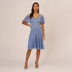 Adrianna Papell Beaded Midi Dress With Sheer Ruffled Sleeves In French Blue -Cheap Vesta Gleam Store AP1E209508 AA544 Regular Front