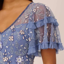Adrianna Papell Beaded Midi Dress With Sheer Ruffled Sleeves In French Blue -Cheap Vesta Gleam Store AP1E209508 AA544 Regular Lifestyle