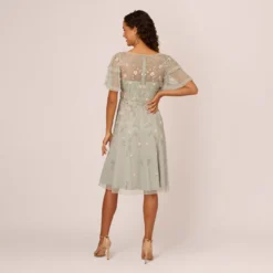 Adrianna Papell Beaded Midi Dress With Sheer Ruffled Sleeves In Frosted Sage -Cheap Vesta Gleam Store AP1E209508 AG484 Regular Back