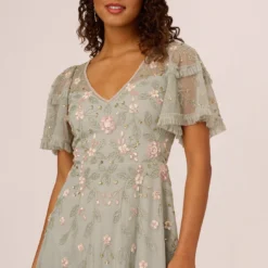 Adrianna Papell Beaded Midi Dress With Sheer Ruffled Sleeves In Frosted Sage -Cheap Vesta Gleam Store AP1E209508 AG484 Regular Detail