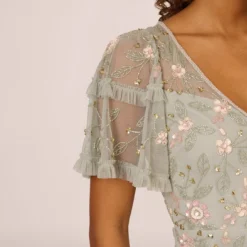 Adrianna Papell Beaded Midi Dress With Sheer Ruffled Sleeves In Frosted Sage -Cheap Vesta Gleam Store AP1E209508 AG484 Regular Lifestyle