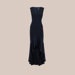 Adrianna Papell Satin Crepe High/Low Gown With Button Details In Dark Navy -Cheap Vesta Gleam Store AP1E209529 AV410 Regular Flat