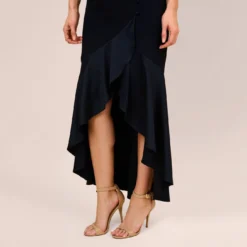 Adrianna Papell Satin Crepe High/Low Gown With Button Details In Dark Navy -Cheap Vesta Gleam Store AP1E209529 AV410 Regular Side
