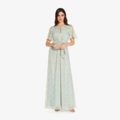 Adrianna Papell Floral-Print Tie-Front Fit-And-Flare Chiffon Long Gown In Skyway -Cheap Vesta Gleam Store AP1E209532 AC459 Regular Default