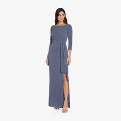 Adrianna Papell Metallic Knit Long Draped Column Gown In Steel Blue -Cheap Vesta Gleam Store AP1E209543 AA460 Regular Alternate