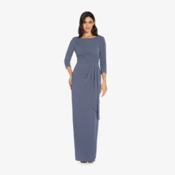 Adrianna Papell Metallic Knit Long Draped Column Gown In Steel Blue