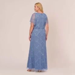 Adrianna Papell Plus Size Hand-Beaded Blouson Long Gown With Flutter Sleeves In French Blue -Cheap Vesta Gleam Store AP1E209547 AA544 Plus Back