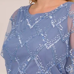 Adrianna Papell Plus Size Hand-Beaded Blouson Long Gown With Flutter Sleeves In French Blue -Cheap Vesta Gleam Store AP1E209547 AA544 Plus Detail