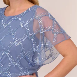 Adrianna Papell Plus Size Hand-Beaded Blouson Long Gown With Flutter Sleeves In French Blue -Cheap Vesta Gleam Store AP1E209547 AA544 Plus Lifestyle