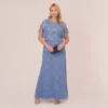 Adrianna Papell Plus Size Hand-Beaded Blouson Long Gown With Flutter Sleeves In French Blue