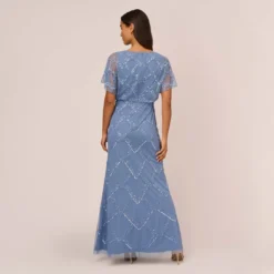 Adrianna Papell Hand-Beaded Blouson Long Gown With Flutter Sleeves In French Blue -Cheap Vesta Gleam Store AP1E209547 AA544 Regular Back