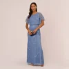 Adrianna Papell Hand-Beaded Blouson Long Gown With Flutter Sleeves In French Blue