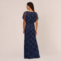 Adrianna Papell Hand-Beaded Blouson Long Gown With Flutter Sleeves In Light Navy -Cheap Vesta Gleam Store AP1E209547 AT412 Regular Back c7ad7e86 bcd7 4c46 912f cce581473272