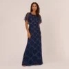 Adrianna Papell Hand-Beaded Blouson Long Gown With Flutter Sleeves In Light Navy