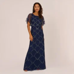 Adrianna Papell Hand-Beaded Blouson Long Gown With Flutter Sleeves In Light Navy